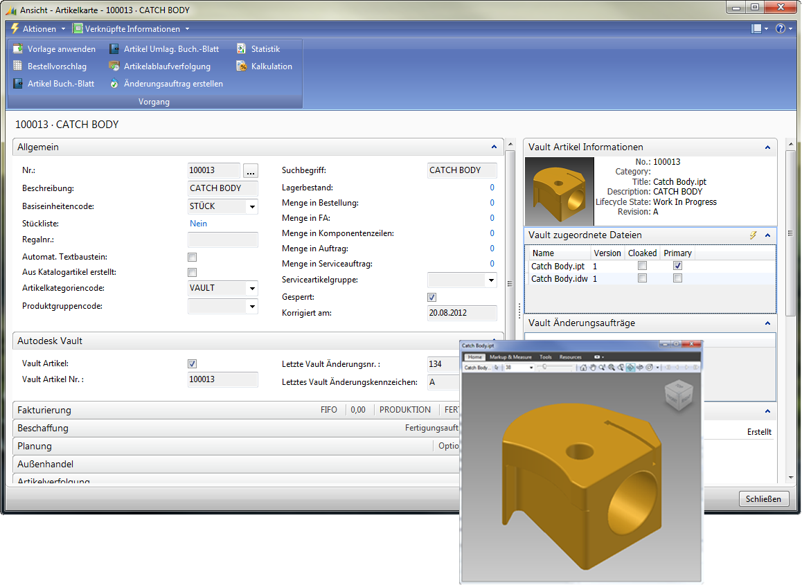 Screenshot: Artikelkarte CAD-Integration in Microsoft Dynamics NAV von COSMO CONSULT